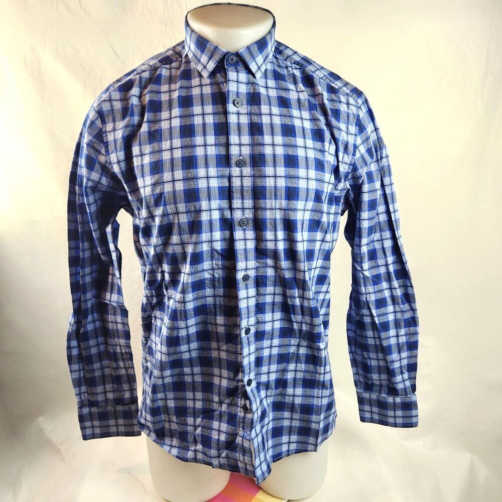 Vince Camuto Shirt Mens Medium Blue Button Up Plaid Check Casual Preppy Office